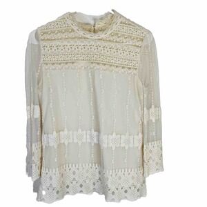 Roem Women Ivory Long Sleeve Lined Embroidered Sheer Sleeve High Neck‎ Blouse M